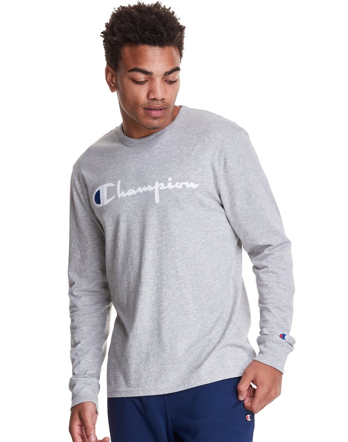 Champion T-Shirt Heren - Grijs - Long-Sleeve Lightweight Script Logo ( 801396-NRY )